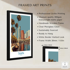 Tampa Florida Poster | Waterfront Sunset Cityscape Canvas Print framed artwork with palm trees and city skyline.