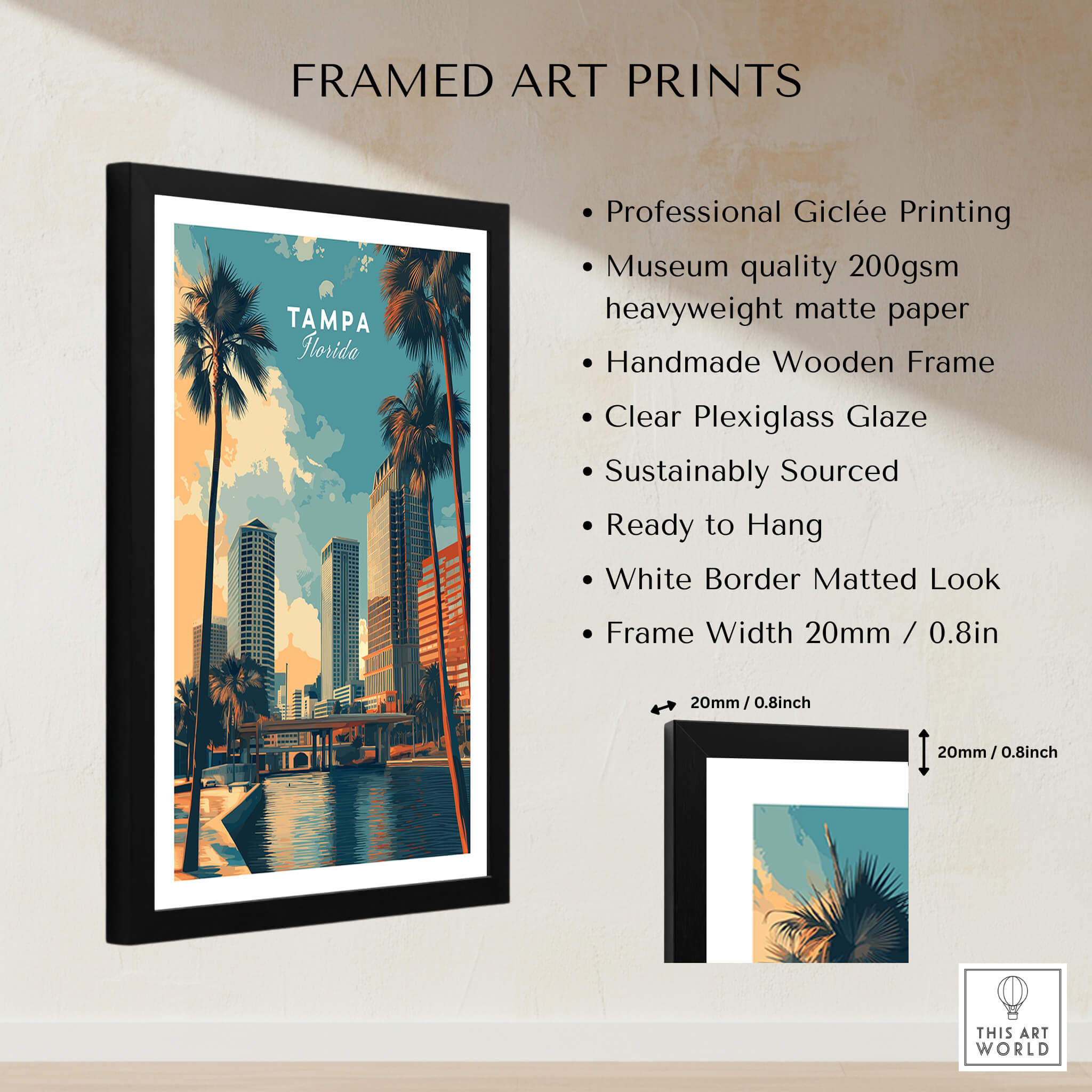 Tampa Florida Wall Art Print | Palm Trees & Modern Skyline Travel Poster in a black frame with gloss finish.
