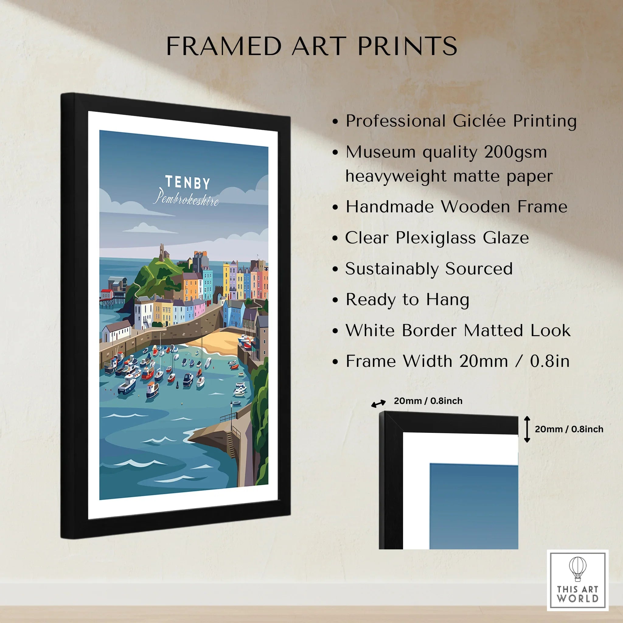 Framed Tenby Pembrokeshire travel print with colorful harbor, museum quality, and wood frame details.