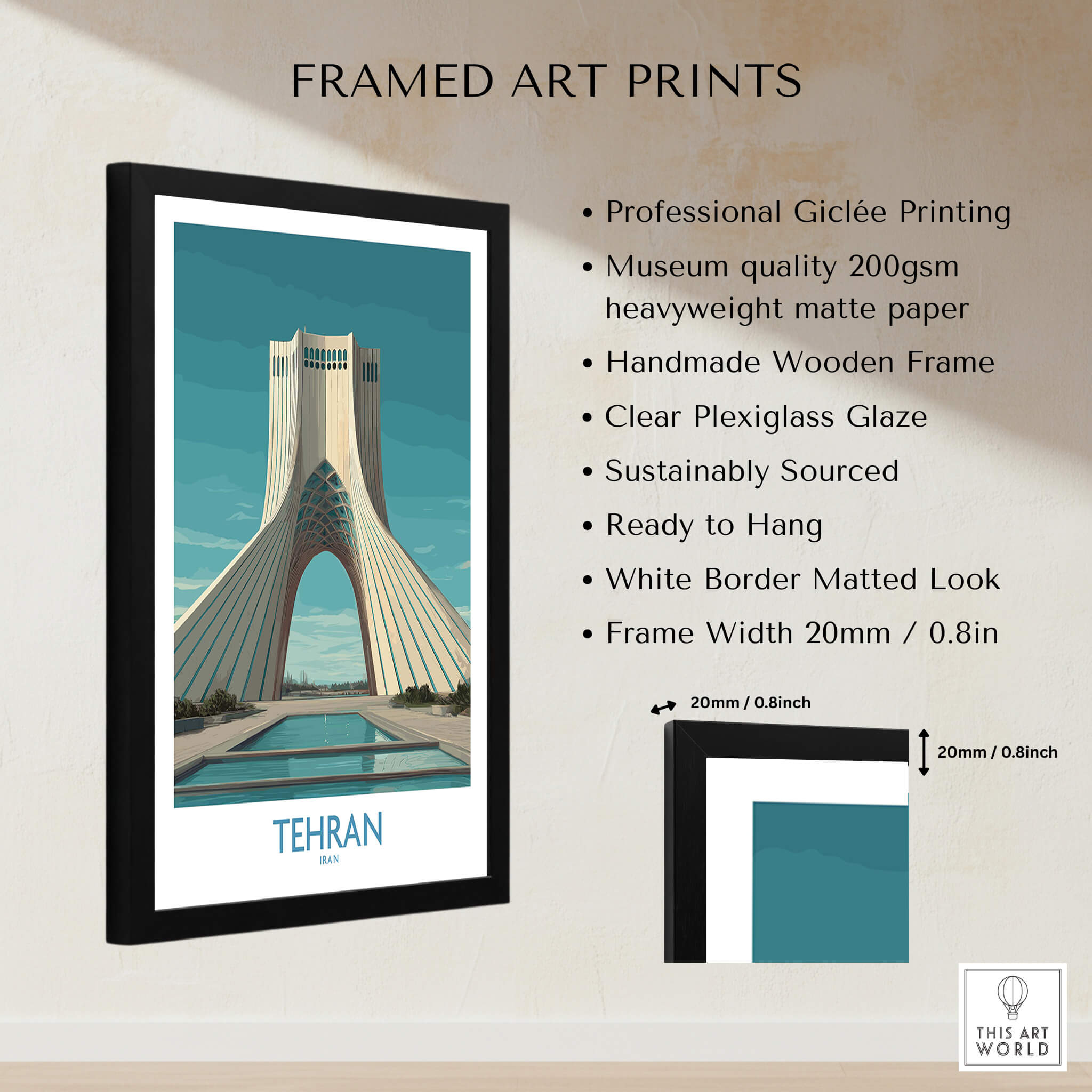Tehran Poster Iran | Azadi Tower Sunset Architecture Canvas Print framed art with museum quality printing