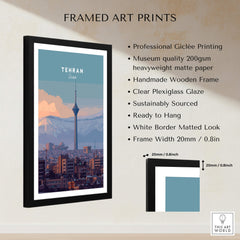 Tehran Iran Travel Poster | Alborz Mountains Skyline Wall Art Print featuring framed details and specifications.