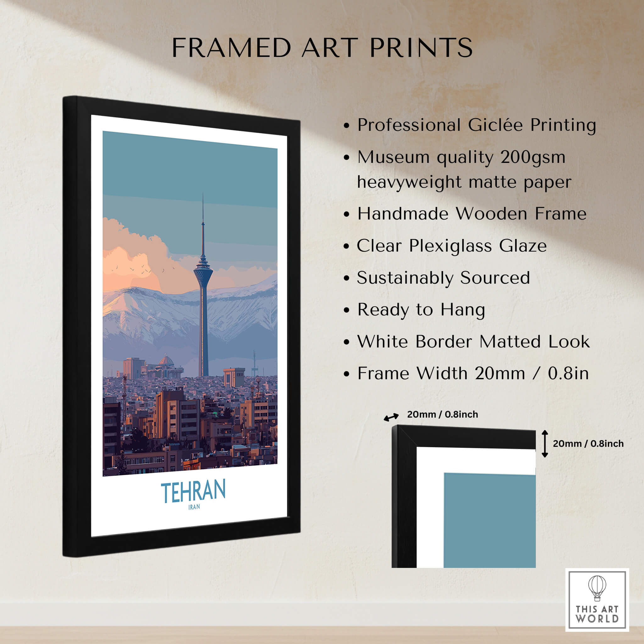 Tehran Iran Canvas Print | Evening City Landscape Poster framed art print with wooden frame and plexiglass.