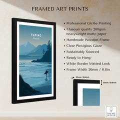 Tofino Canada Travel Poster | Pacific Coast Surfer Wall Art Print featuring surfer on waves with mountains in background.