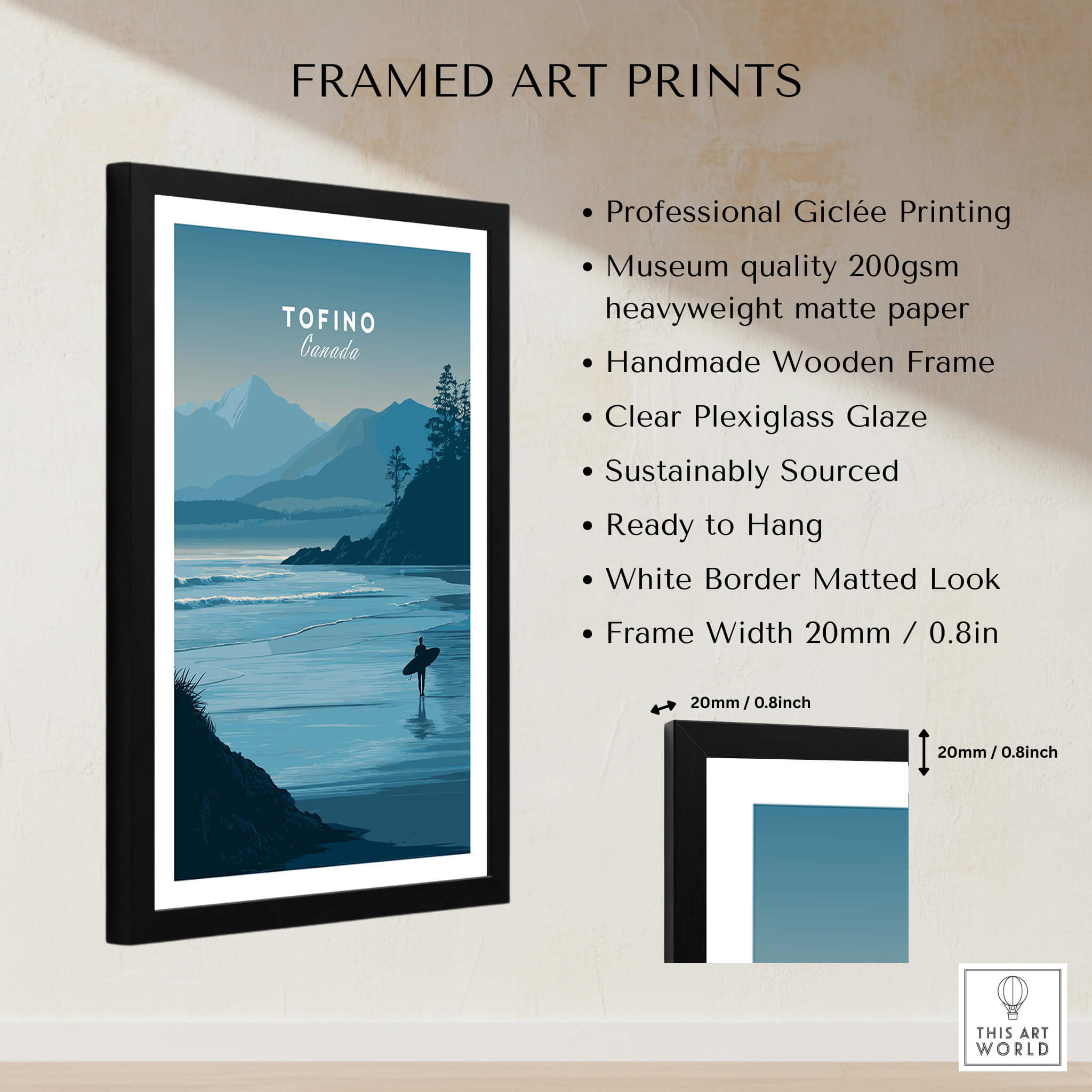 Tofino Canada Travel Poster | Pacific Coast Surfer Wall Art Print featuring surfer on waves with mountains in background.