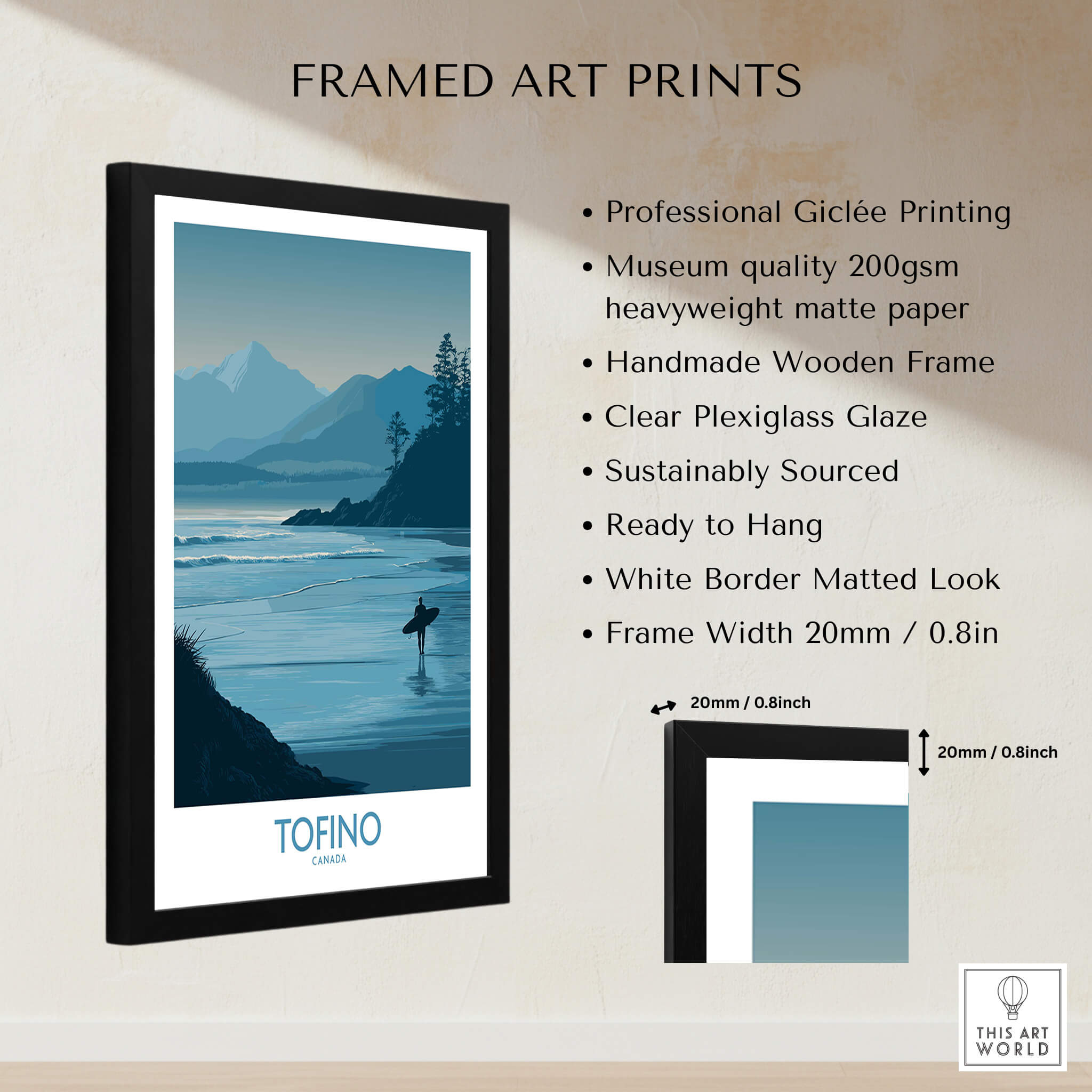 Tofino Canada Canvas Print | Misty Mountain & Shoreline Poster featuring framed art details and landscape design.