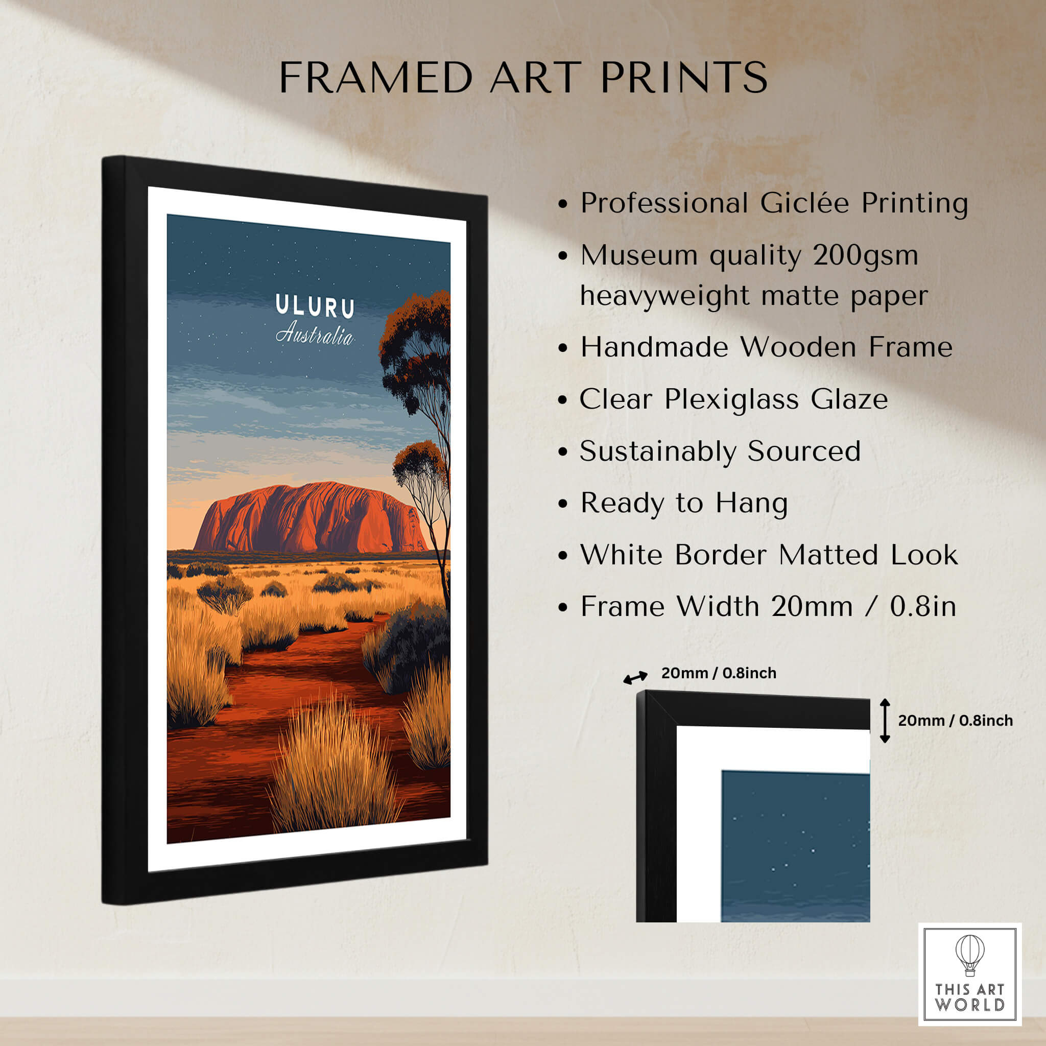 Uluru Australia Wall Art Print | Red Center Outback Travel Poster framed with professional printing and clear glaze.