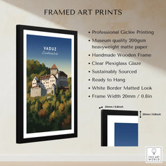 Framed Vaduz Liechtenstein travel poster wall art with wooden frame and product details