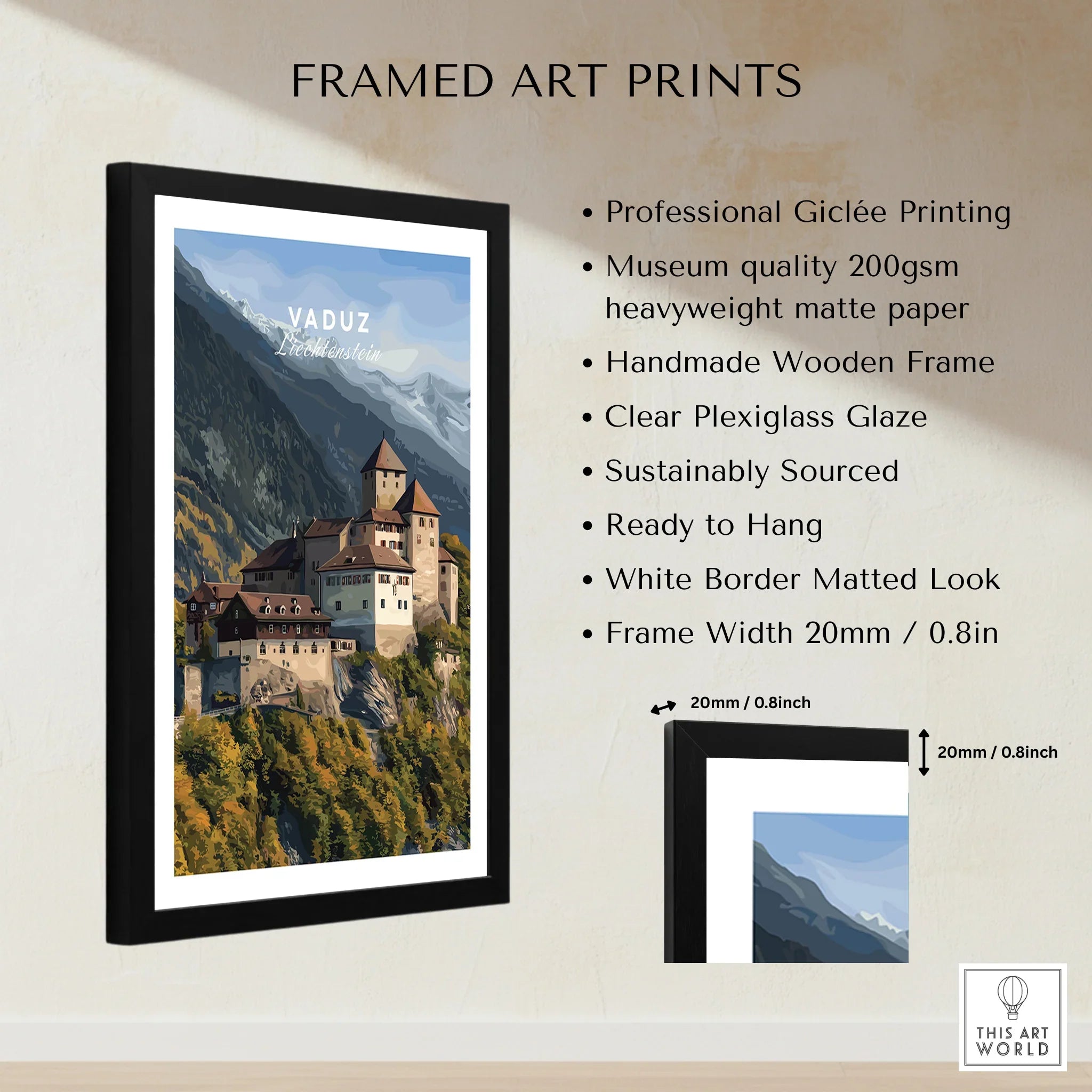 Framed Vaduz Liechtenstein travel poster wall art with black wooden frame and white border