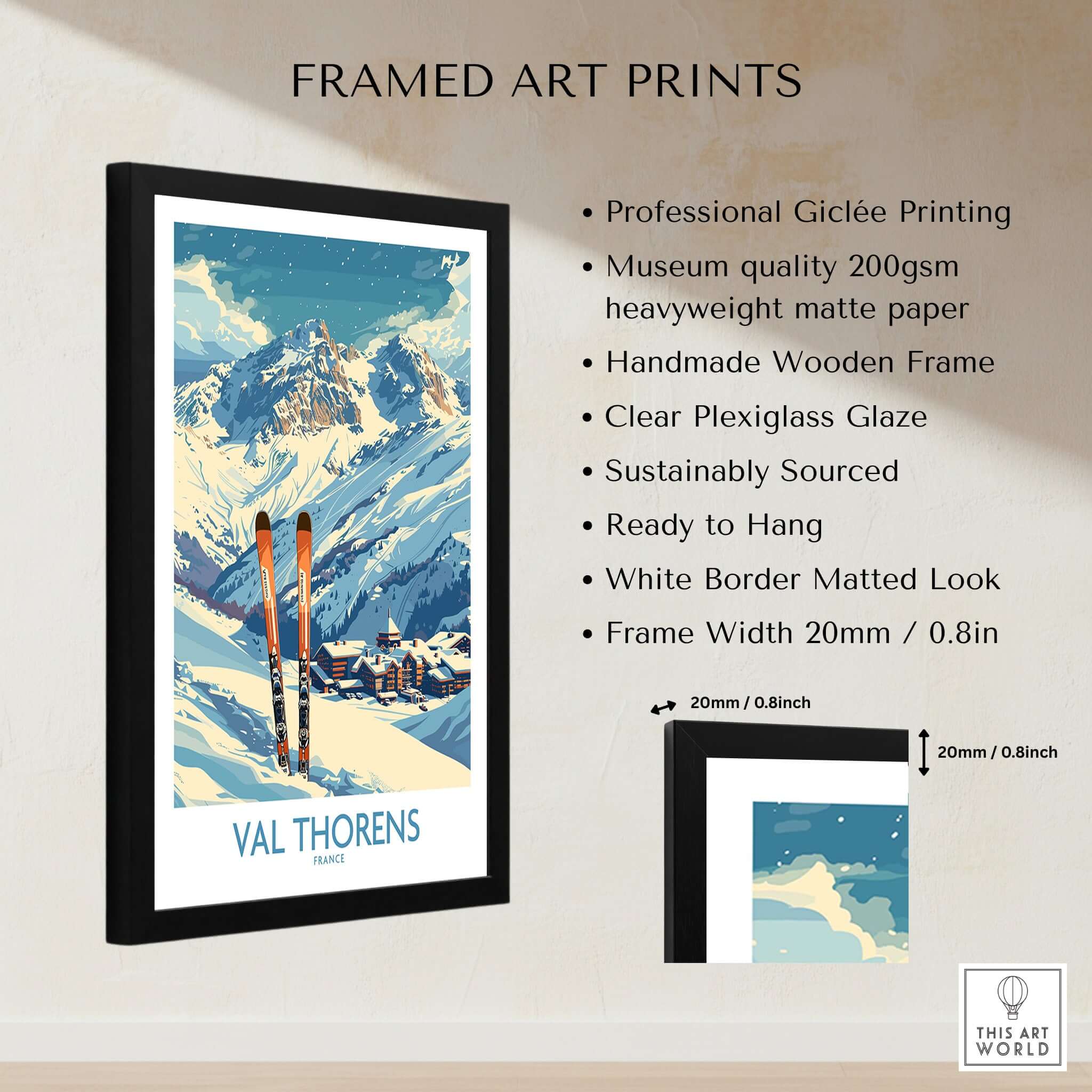 Framed Val Thorens Print showcasing skiing in the Alps, perfect for home decor and ski enthusiasts.