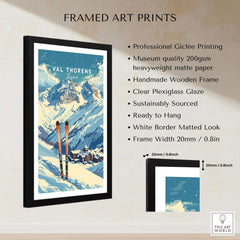 Val Thorens Travel Poster framed art print showcasing ski resort scenery and vibrant alpine design.