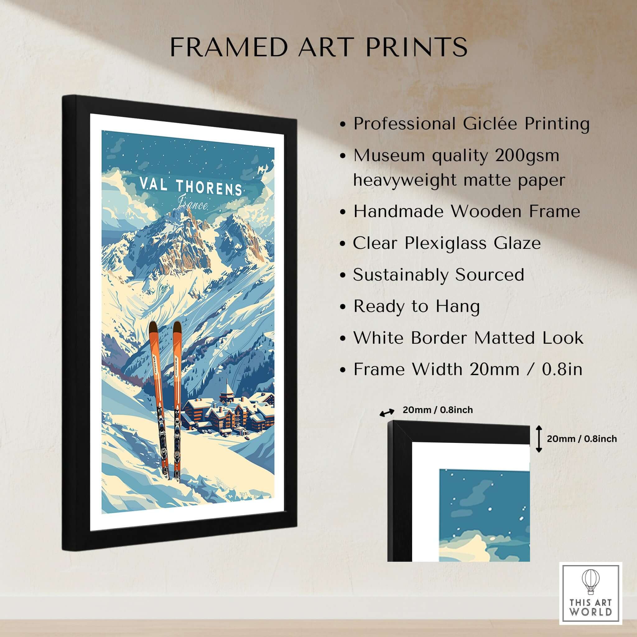 Val Thorens Travel Poster framed art print showcasing ski resort scenery and vibrant alpine design.