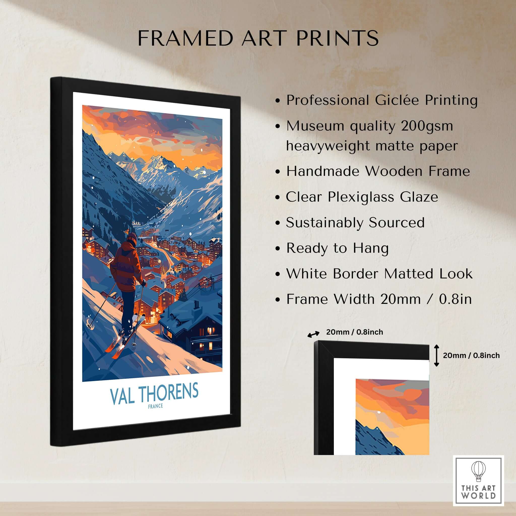 Val Thorens Ski Print framed art showcasing stunning mountain scenery in Val Thorens, France.