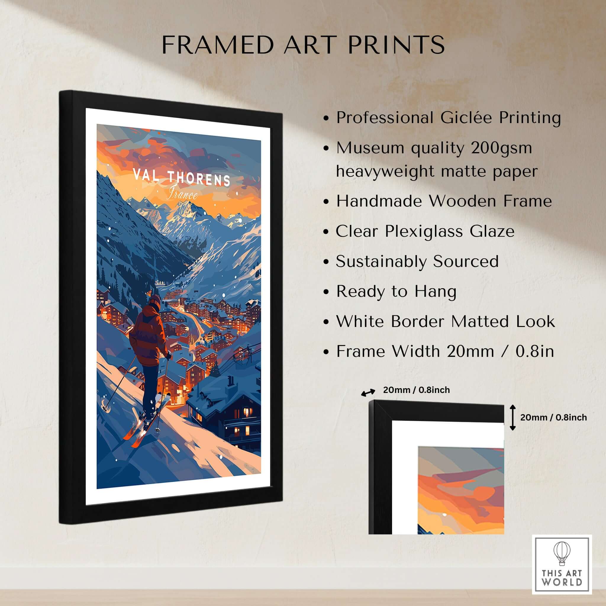 Val Thorens Ski Poster framed art print featuring stunning mountain scenery