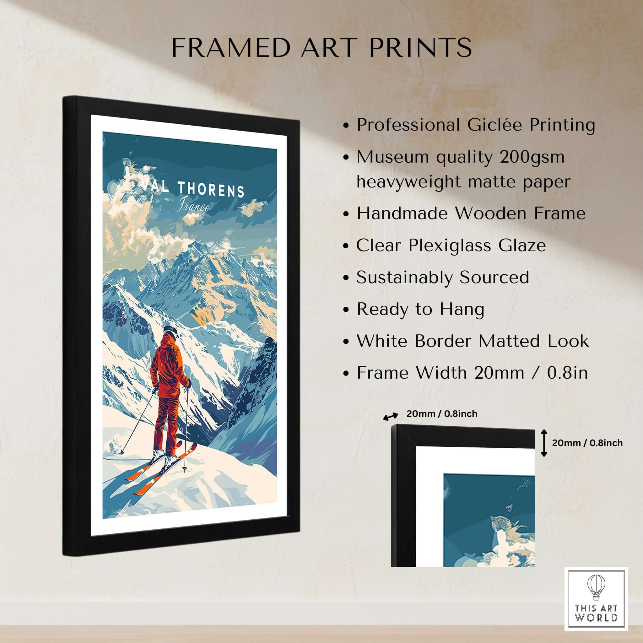 Val Thorens Poster framed art print showcasing skiing and mountain scenery with sleek design and quality features.
