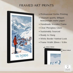 Val Thorens France Print showcasing a framed art print featuring a skier and majestic mountains, perfect for home decor.