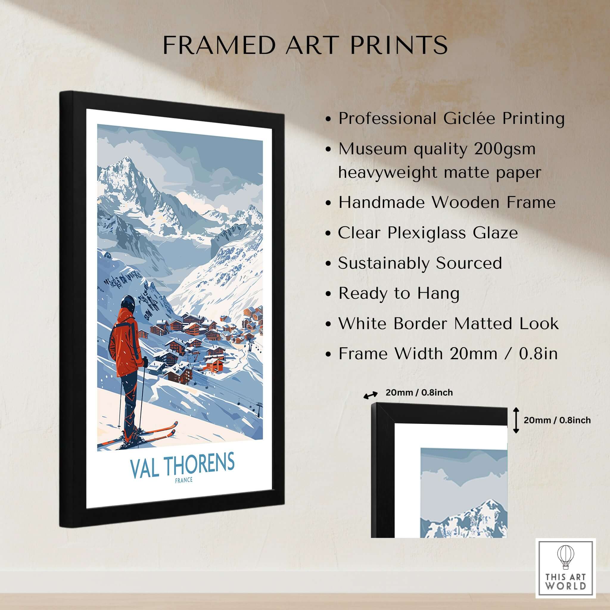 Val Thorens France Print showcasing a framed art print featuring a skier and majestic mountains, perfect for home decor.