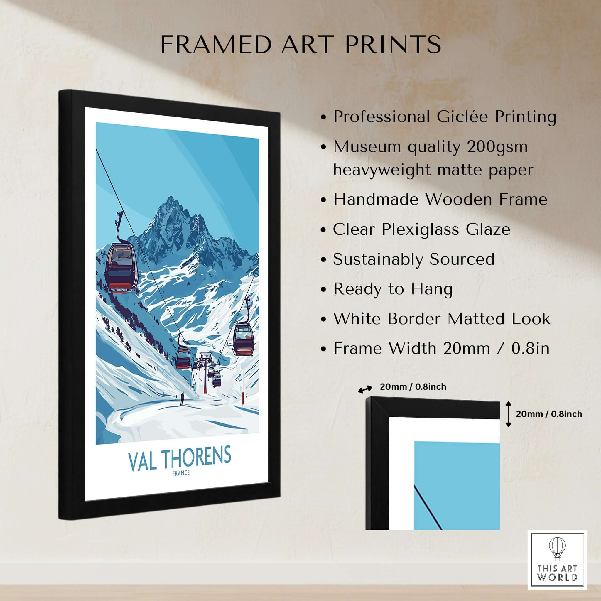 Winter Sports Poster | Val Thorens Ski Resort Wall Art featuring framed art print with skiing theme.