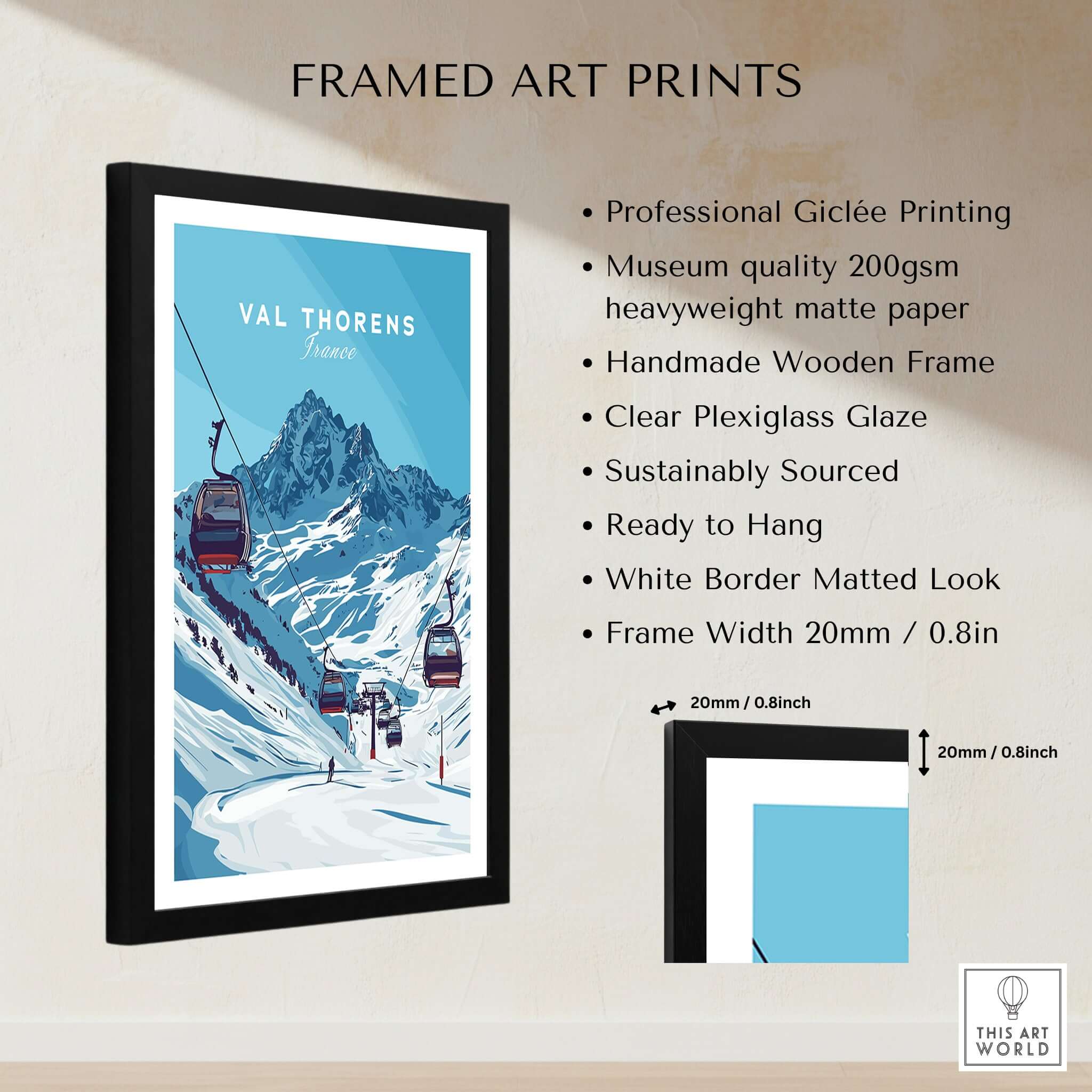Val Thorens Ski Art Print | Winter Sports French Alps framed art print showcasing mountain slopes and ski lifts.
