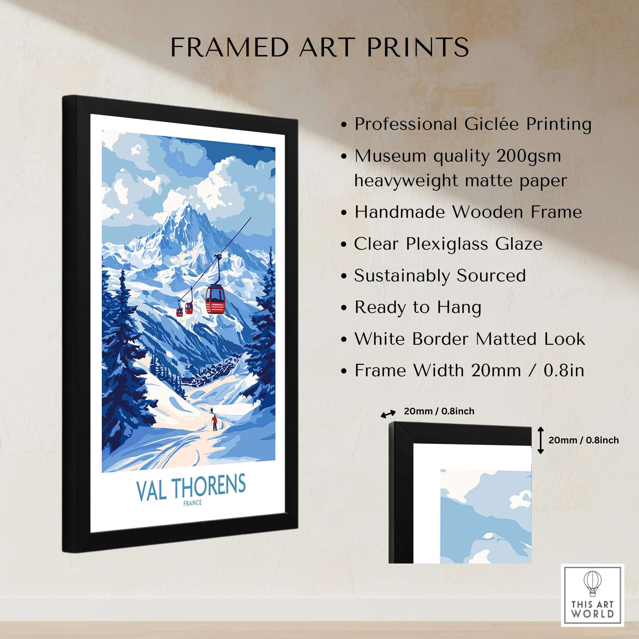 Ski Poster Val Thorens | Ski Trip Memories Wall Art featuring scenic mountains and gondola.