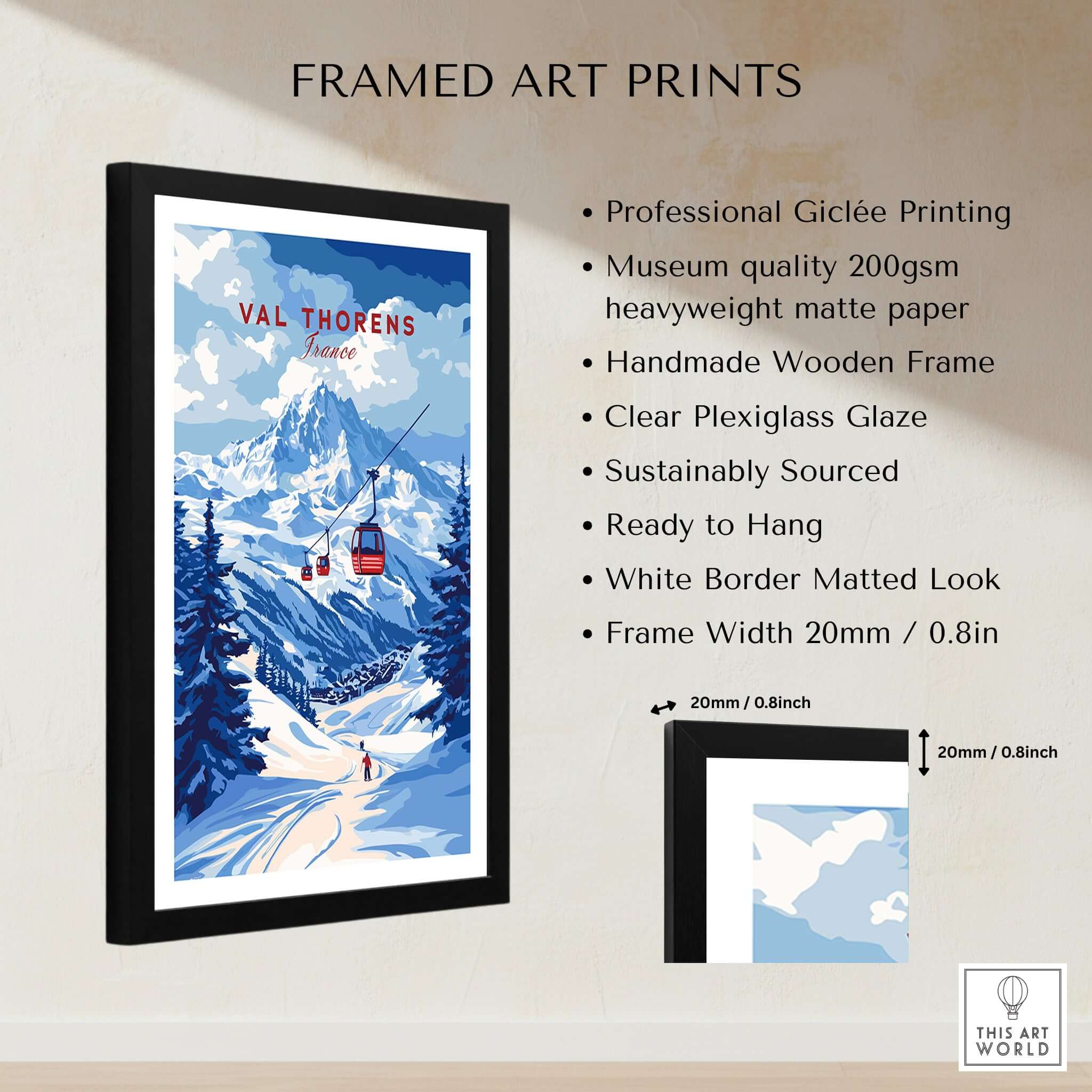 Val Thorens Poster France | Winter Sports Scene Print displayed in a handmade wooden frame with clear plexiglass.