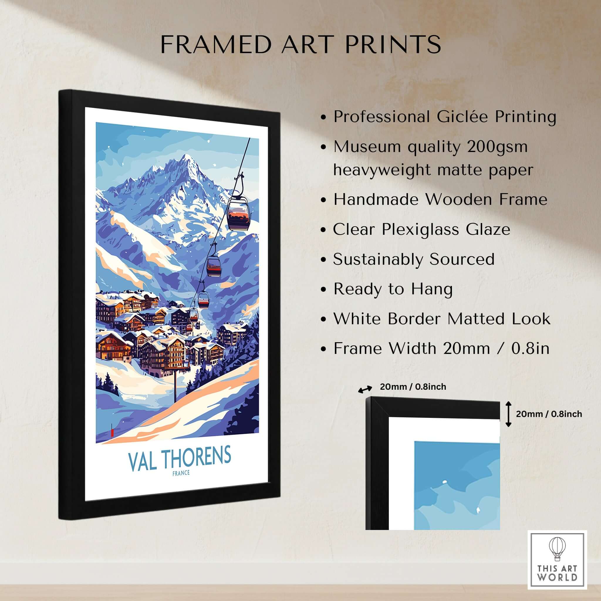 Val Thorens Winter Sports Print | From the Top Ski Run View, framed art print showcasing ski slopes and mountain scenery.