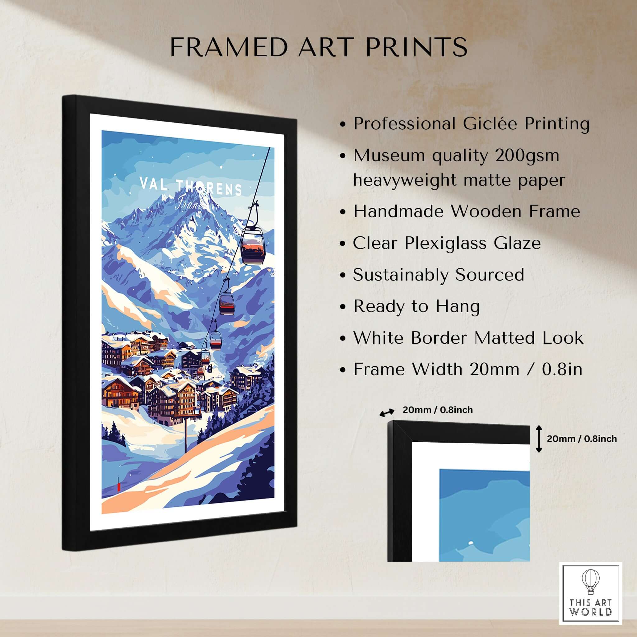 Val Thorens France Ski Poster | Iconic Chairlift Scene framed art print showcasing the beautiful ski slopes and chairlift.
