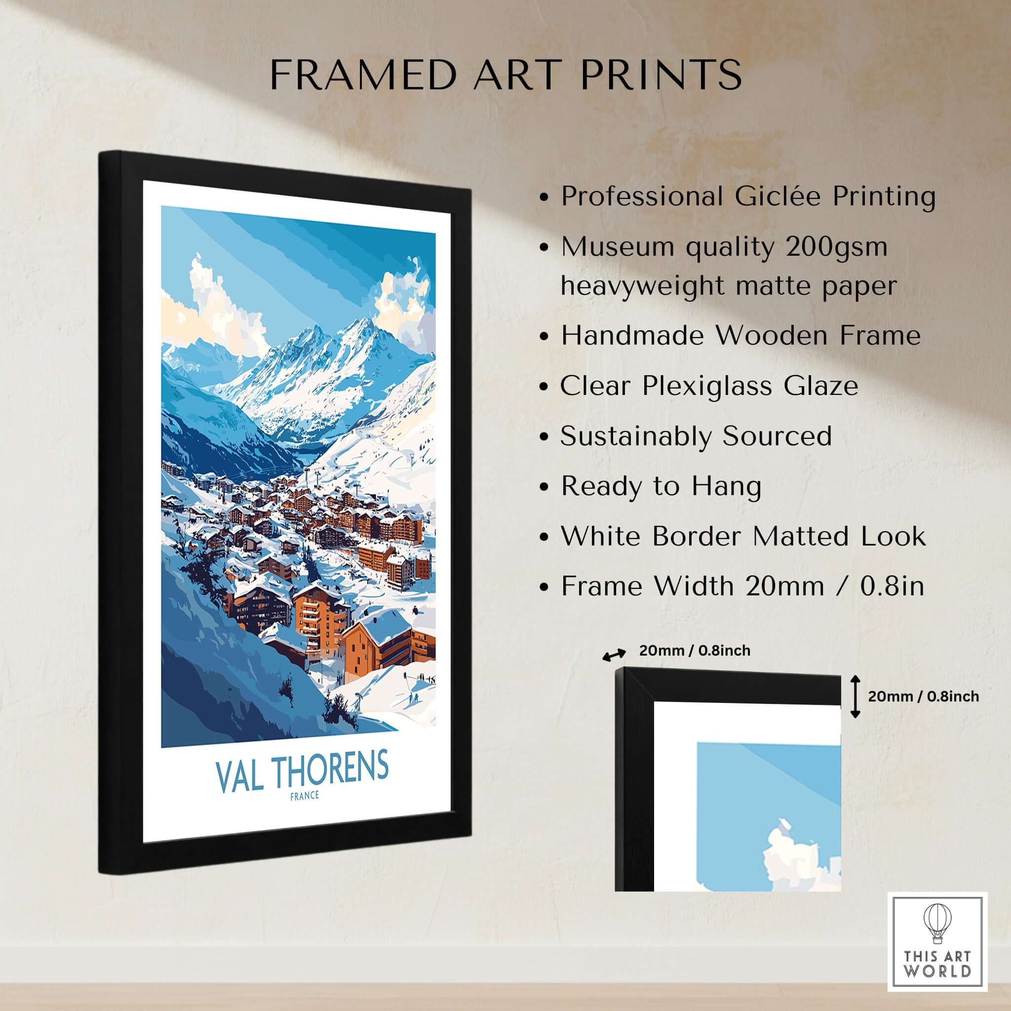 Ski in Val Thorens Art Print | France skiing Print framed with museum quality features and clear plexiglass.