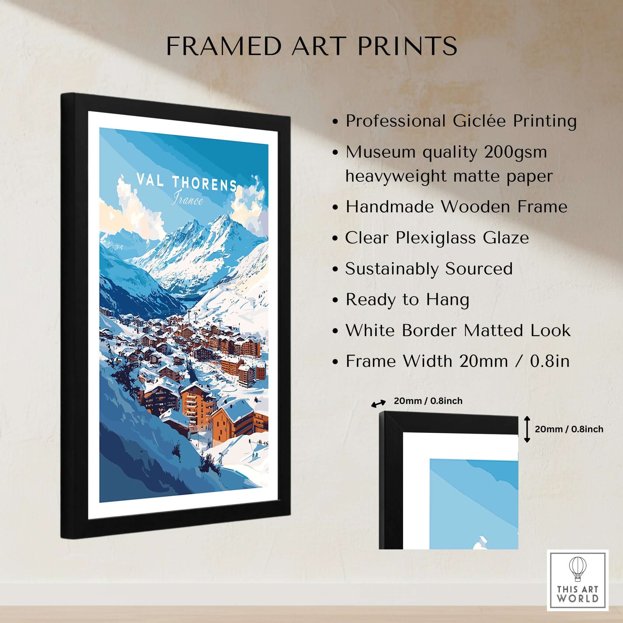 French Alps Ski Village Poster | Cosy Val Thorens Scene, framed art print featuring a picturesque winter landscape.