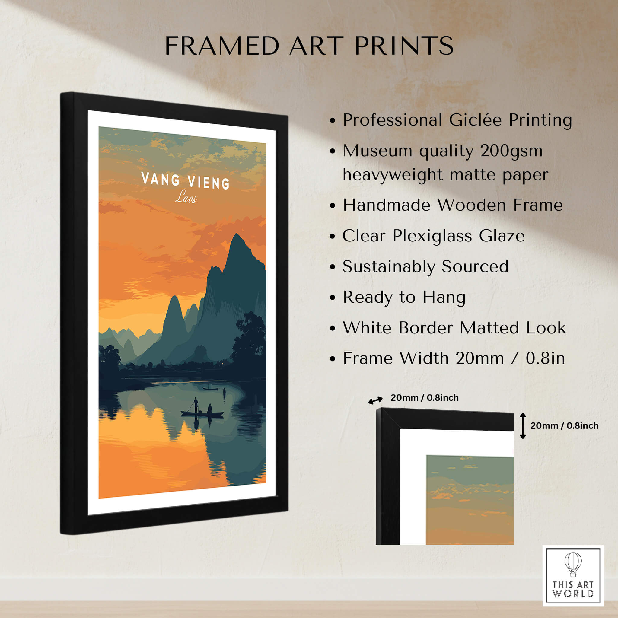 Vang Vieng Laos Travel Poster | Nam Song River Sunset Wall Art Print showcasing framed art details and design features.