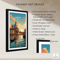 Framed Venice Print showcasing serene canals, gondola, and sunset in a beautiful wooden frame.