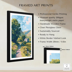 Framed Wales travel art print with countryside landscape, white border, and black wooden frame.