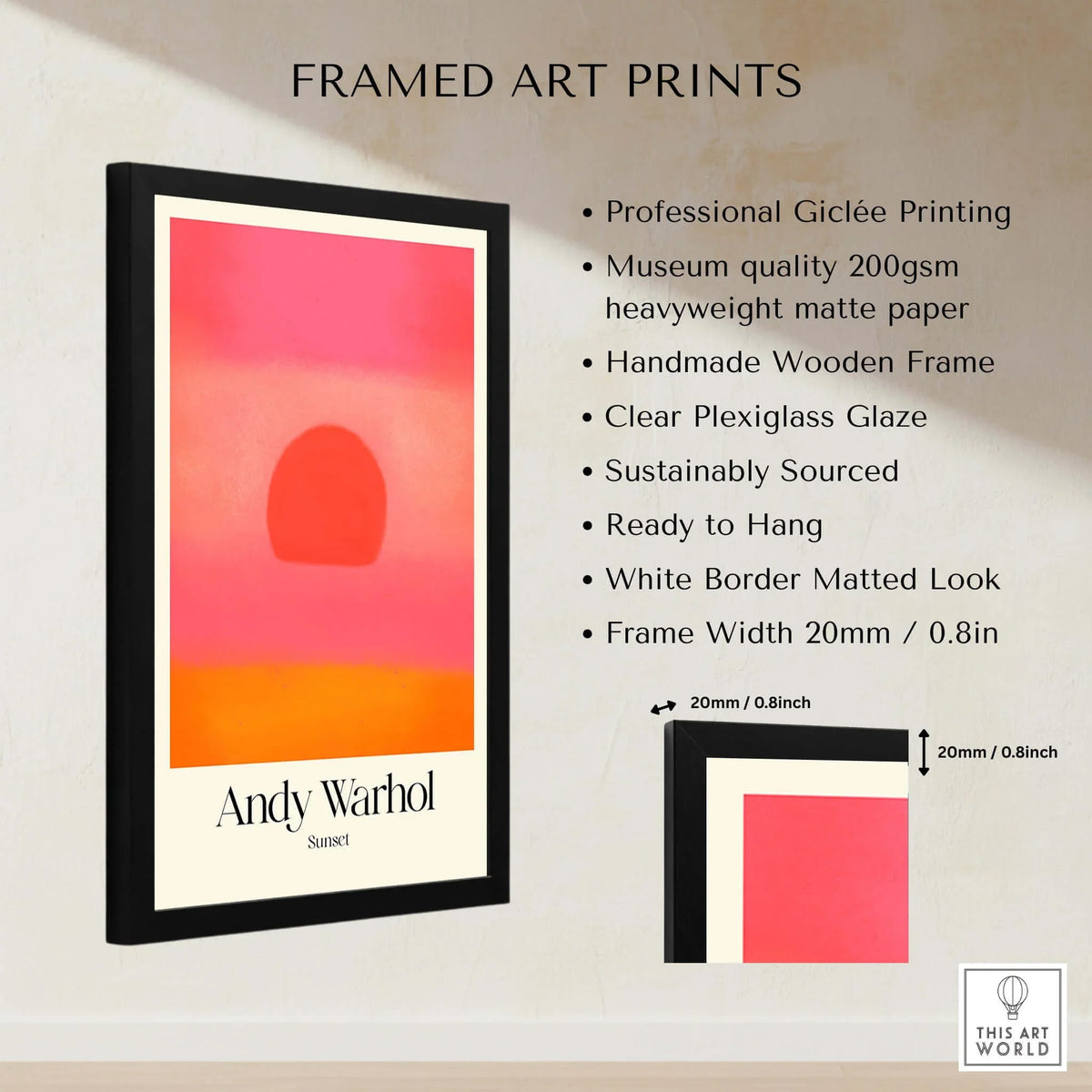 Andy Warhol Sunset Pink Orange Pop Art Print Modern Abstract Poster Wall Art framed with clear Plexiglass and wooden frame.