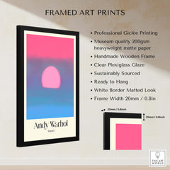 Andy Warhol Sunset Pink Blue Pop Art Poster Abstract Screenprint Wall Art Print in a modern black frame with specifications.