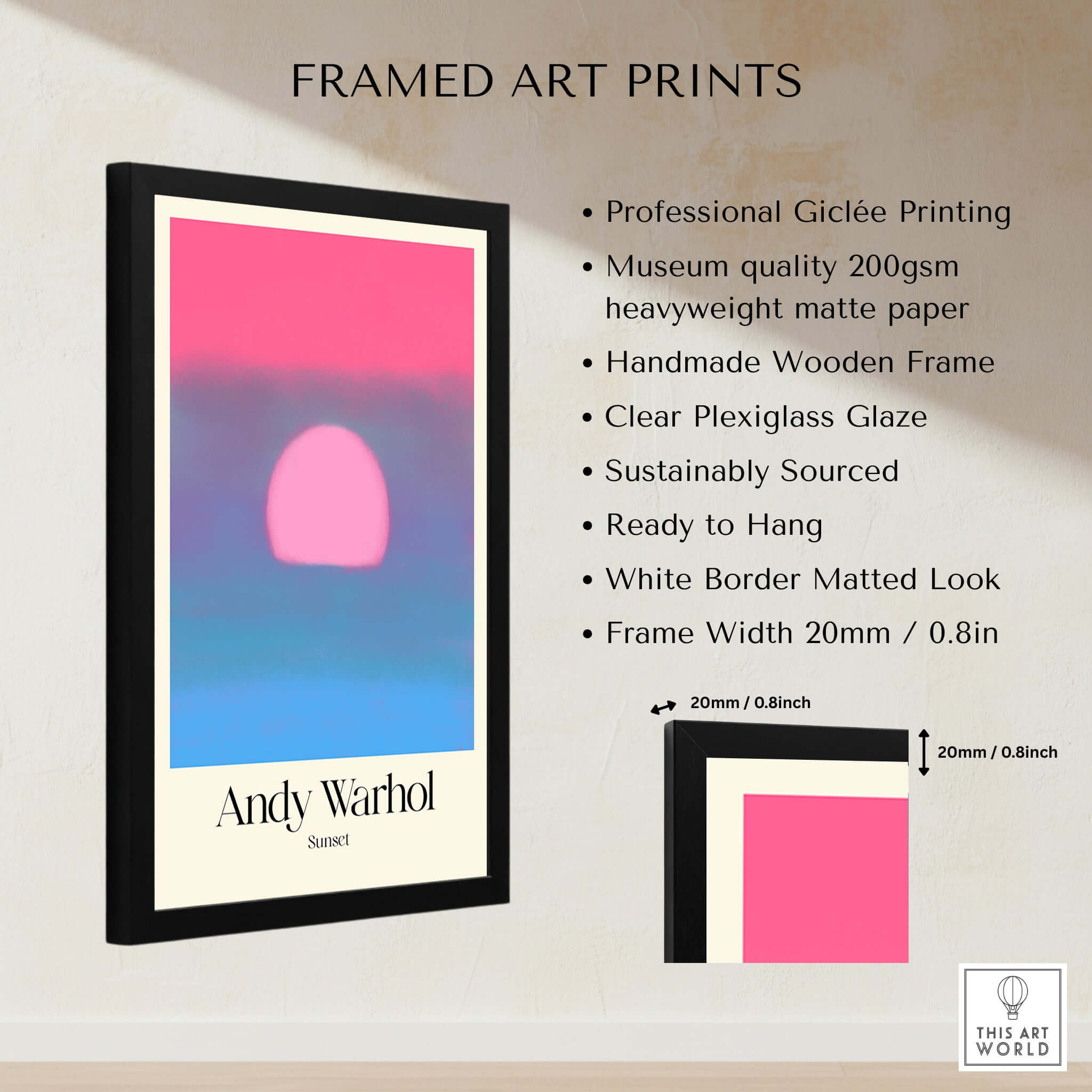 Andy Warhol Sunset Pink Blue Pop Art Poster Abstract Screenprint Wall Art Print in a modern black frame with specifications.
