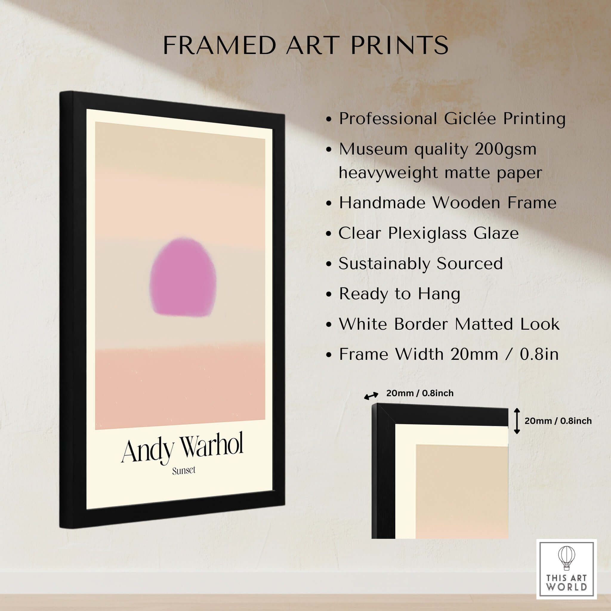 Andy Warhol Sunset Pastel Pink Purple Pop Art Print Subtle Abstract Poster Wall Art framed with clear plexiglass.