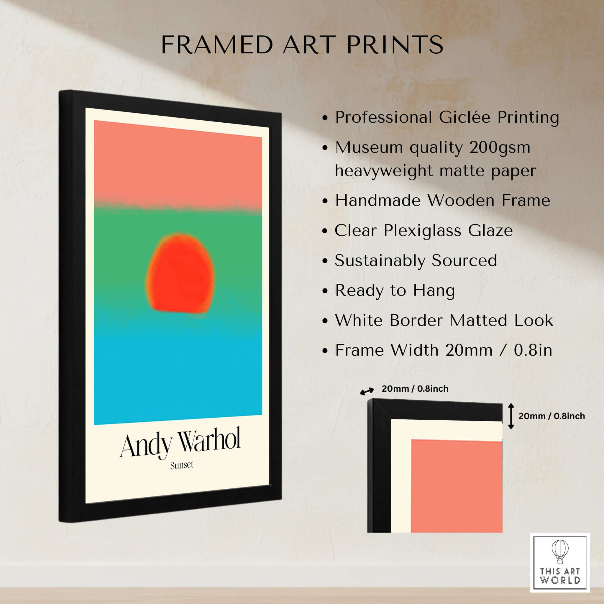Andy Warhol Sunset Coral Green Blue Pop Art Poster Abstract Wall Art Print Modern framed with a black matte frame and professional Giclée printing.