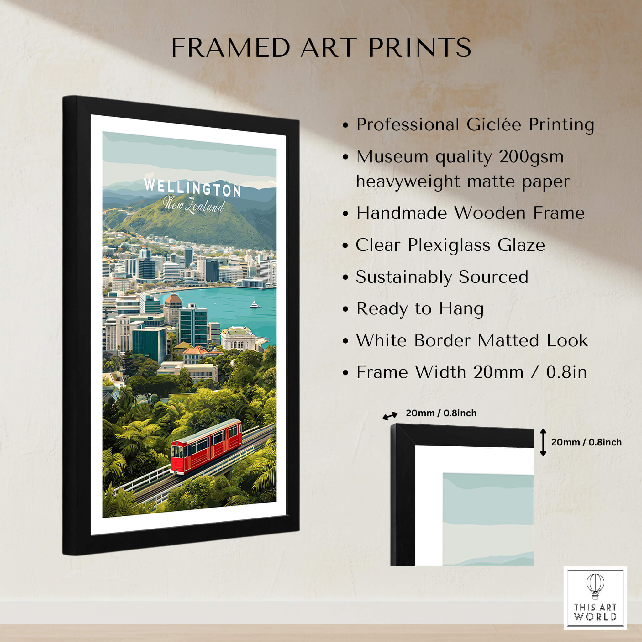 Wellington New Zealand Wall Art Print | Travel Poster framed with professional giclée printing and clear plexiglass.
