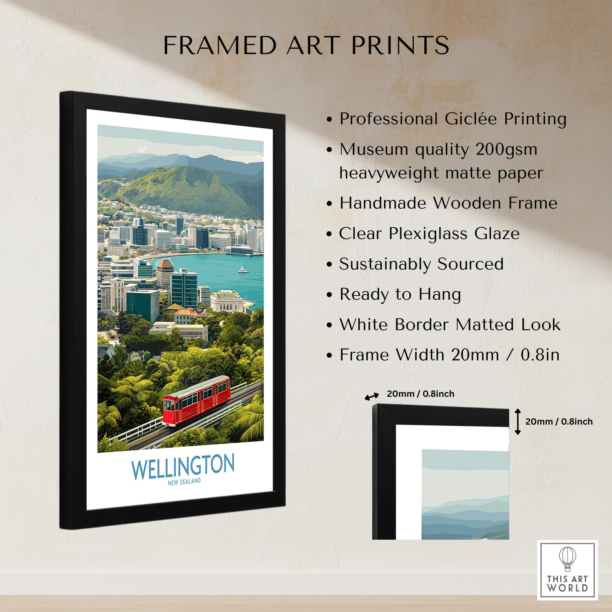 Wellington New Zealand Poster | Scenic City Skyline Landscape Canvas Print in a framed art print display.