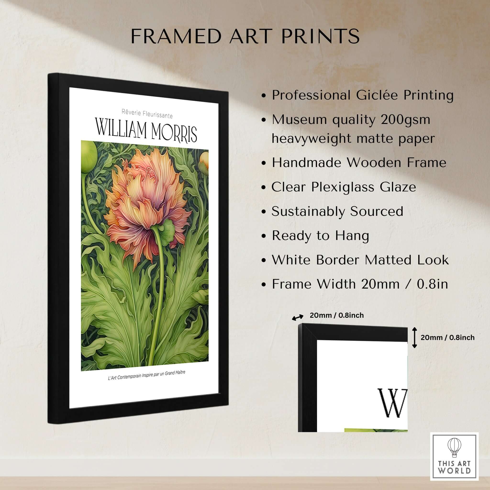 William Morris Prints - Large Floral Bloom Art Print - Botanical Poppy Poster framed with professional giclée printing.