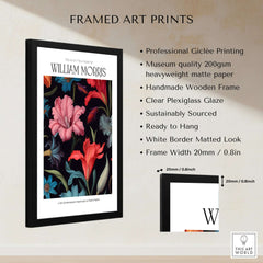 William Morris Prints - Dark Floral Lily Art Print - Vibrant Botanical Poster showcased in a framed art print with detailed description.