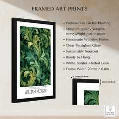 William Morris Prints - Green Acanthus Swirl Pattern Art Print - Botanical Foliage Poster in a framed display.