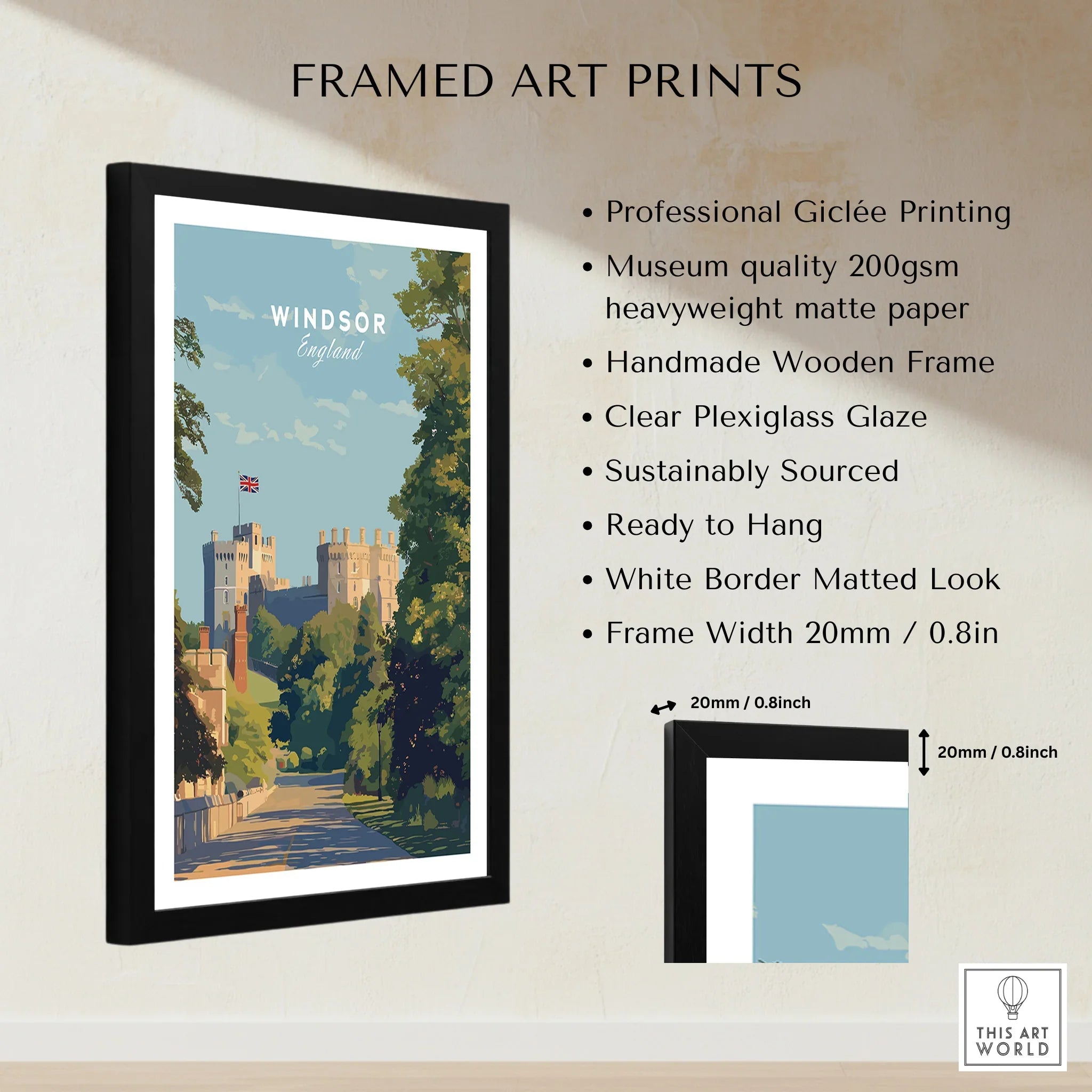 Framed Windsor England travel poster wall art with museum quality print and black frame details