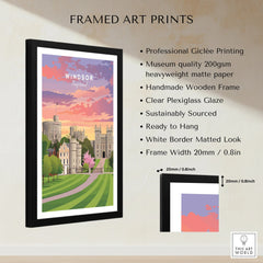 Framed Windsor England travel poster with wooden frame, white border, and quality details list