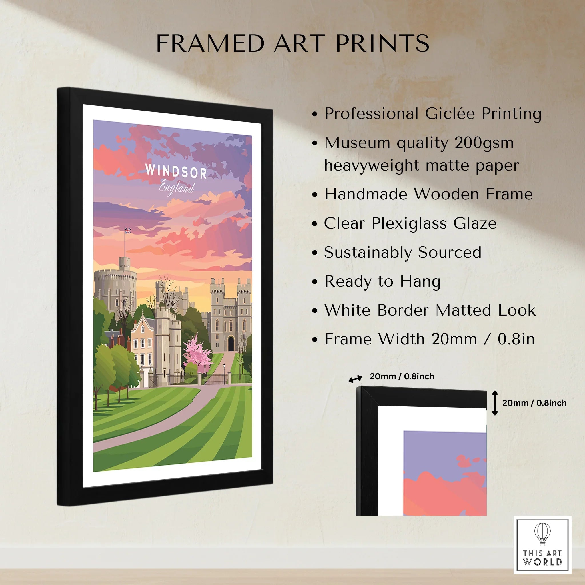 Framed Windsor England travel poster with wooden frame, white border, and quality details list