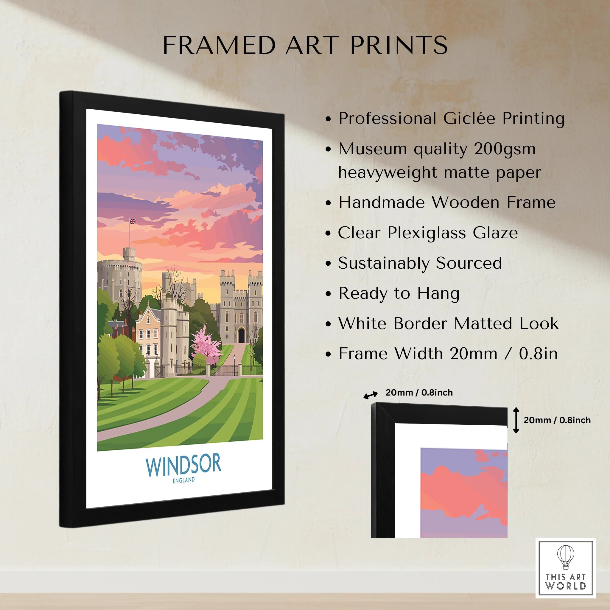 Framed Windsor art print with black wood frame, museum quality giclée print, matte paper, and white border.