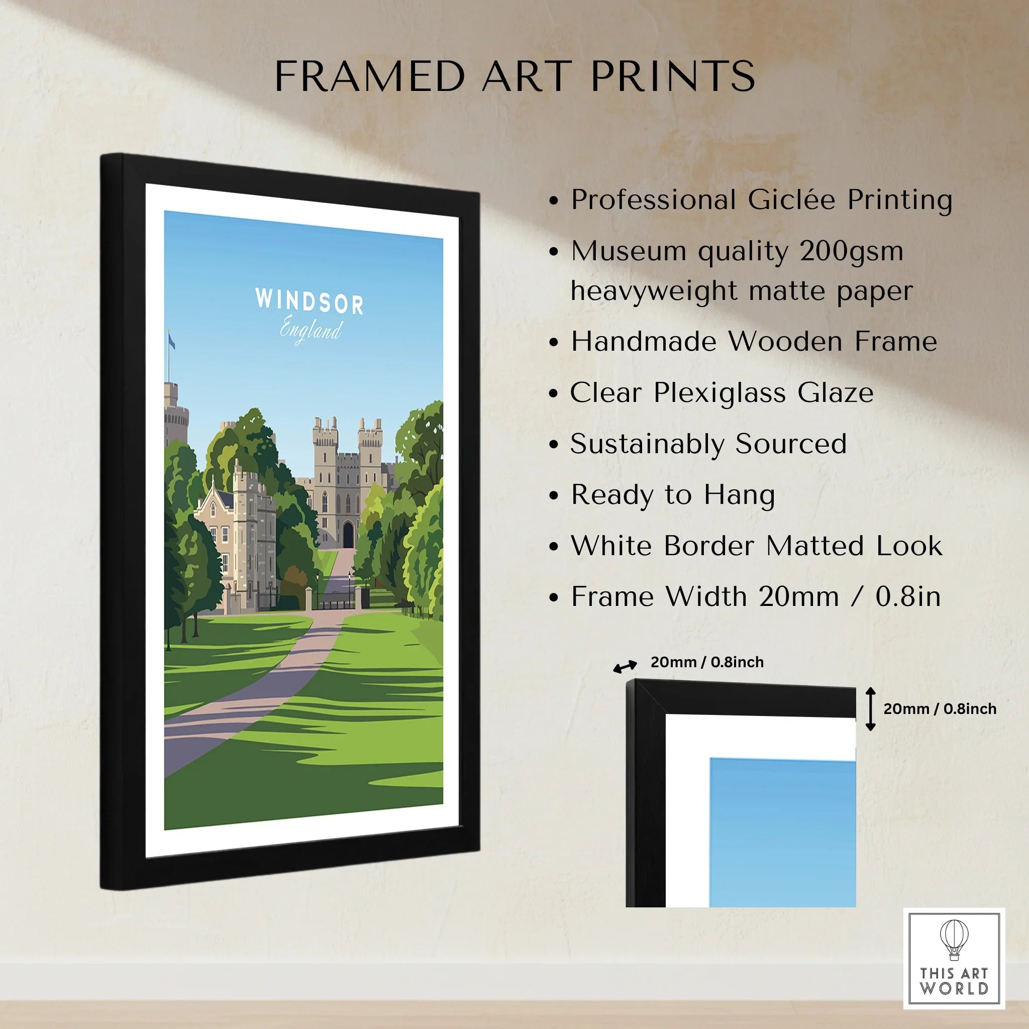 Framed Windsor England travel poster wall art print with black wooden frame and size details