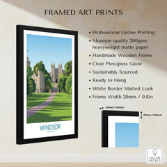 Framed travel poster print of Windsor England with black wooden frame, museum quality details