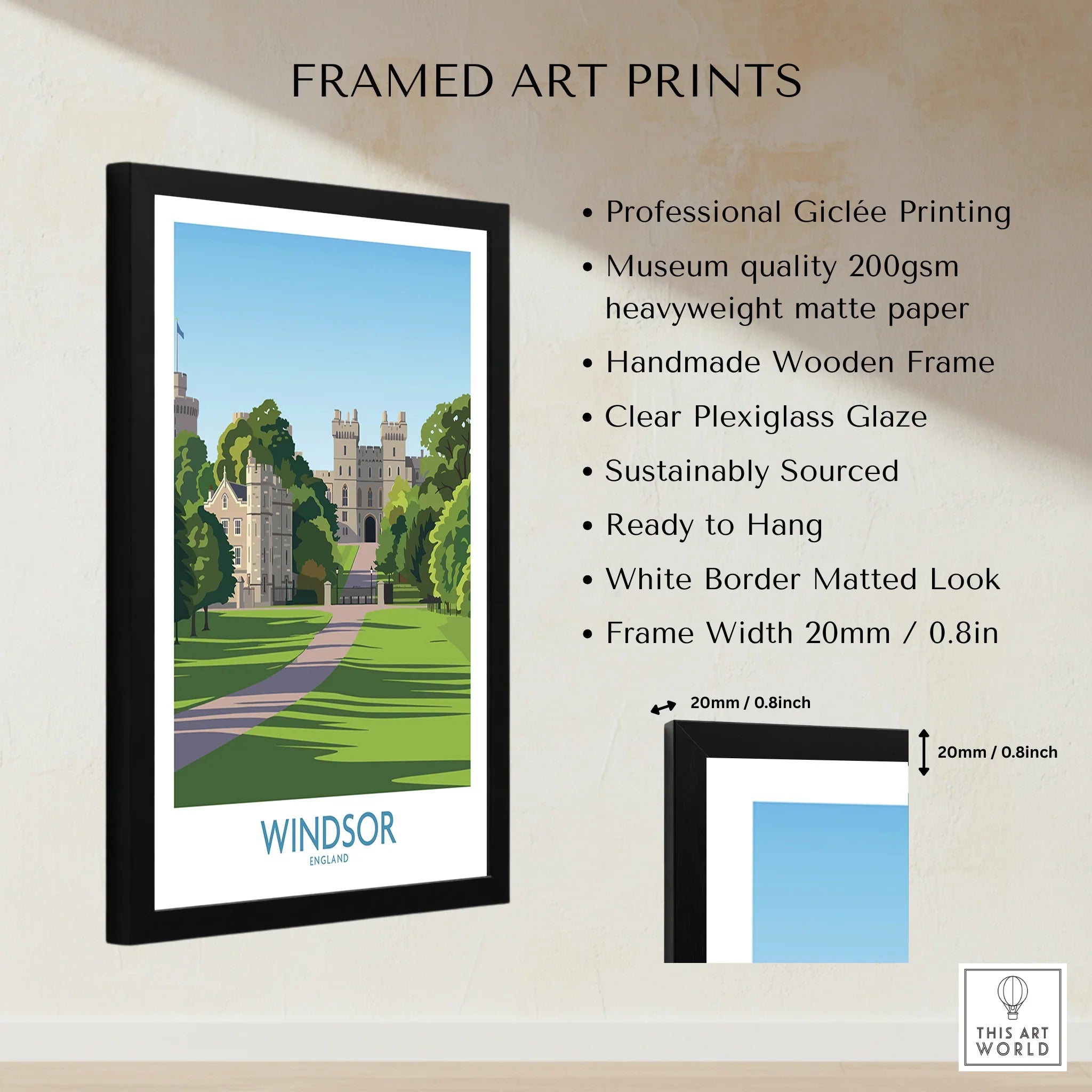 Framed travel poster print of Windsor England with black wooden frame, museum quality details