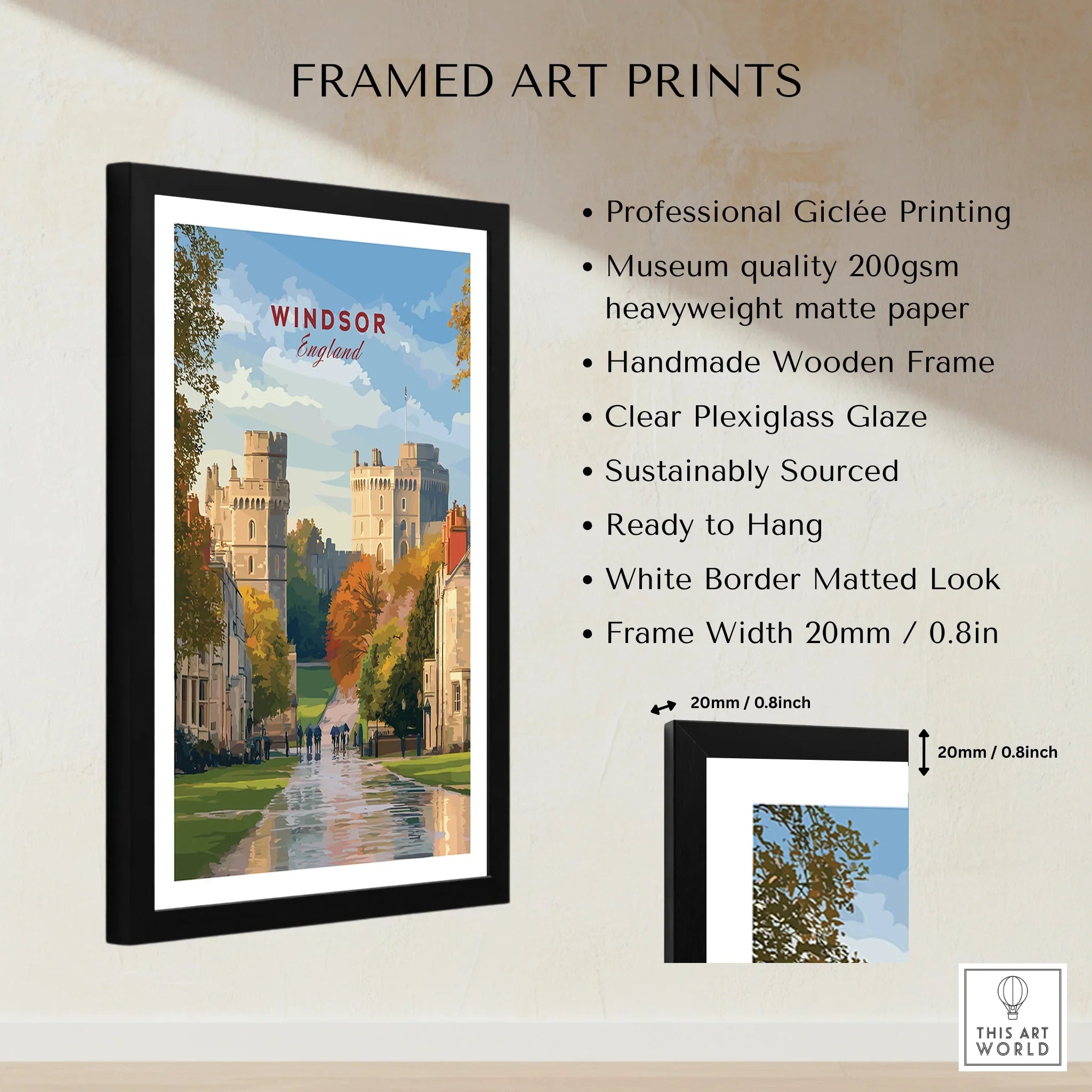 Framed Windsor England travel poster print with black wooden frame and quality details listed