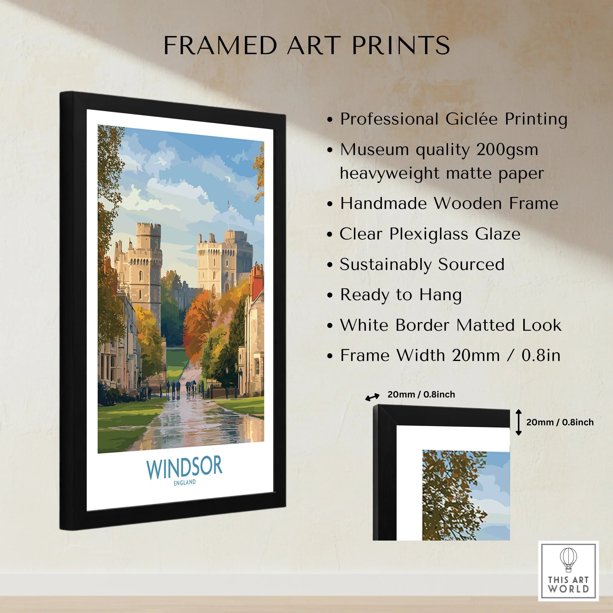 Framed Windsor England art print with giclée quality, black frame, and wall art details list
